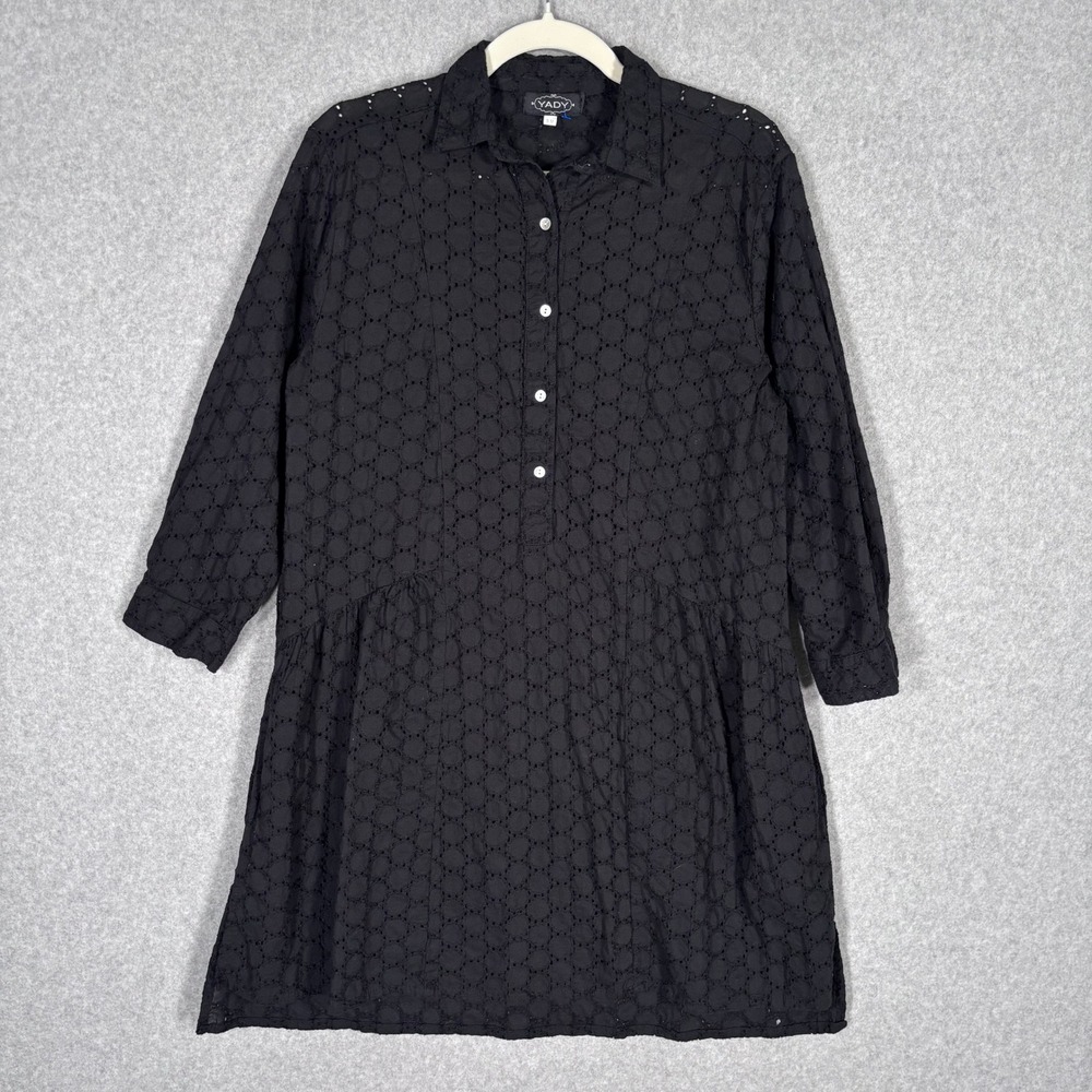Babydoll Eyelet Shirt Dress Tunic S/M Button Front Pockets Semi-Sheer Cover Up